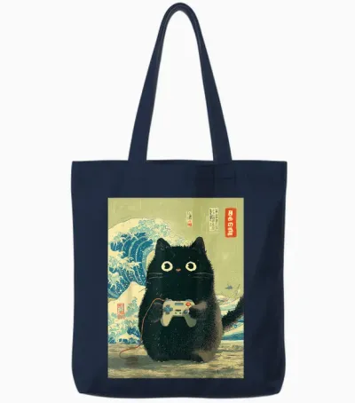 Japanische Schwarze Gamer Cat Videospiele Great Wave Cat Dad Tote Bags - Navy