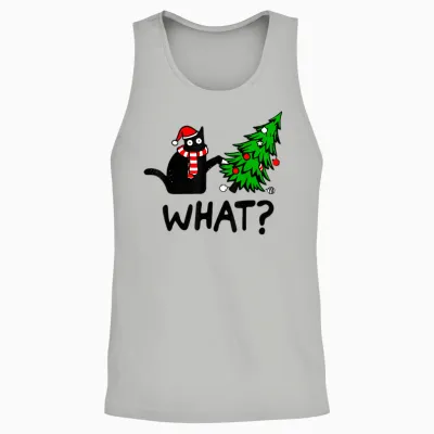 Funny Black Cat Gift Pushing Christmas Tree Over Cat What? T-Shirt Small Unisex Tank Top - Ash