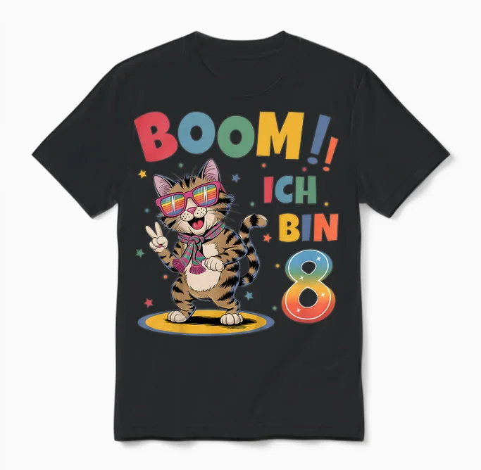 8 Geburtstag Junge Mädchen Geburtstagsshirt Katze Katzen Unisex T-Shirt in Black