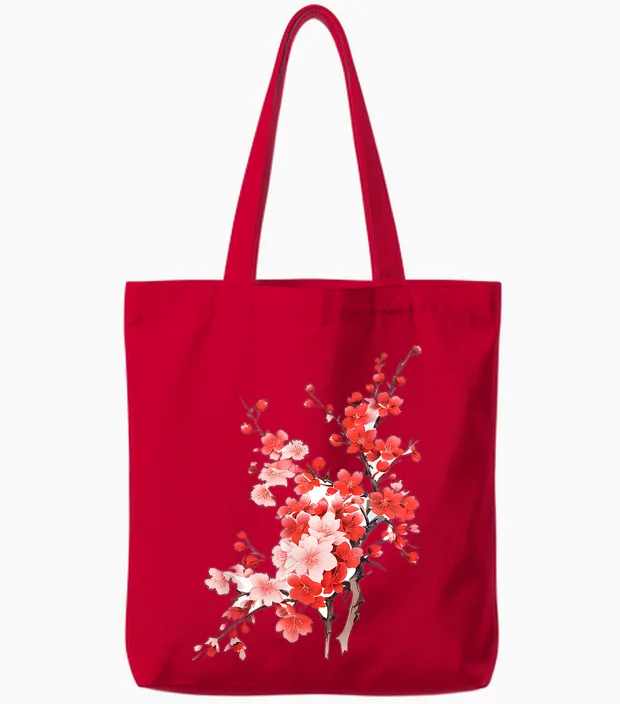 Cherry Blossom Flower Lover Kunstgrafik Blume Tote Bags in Red