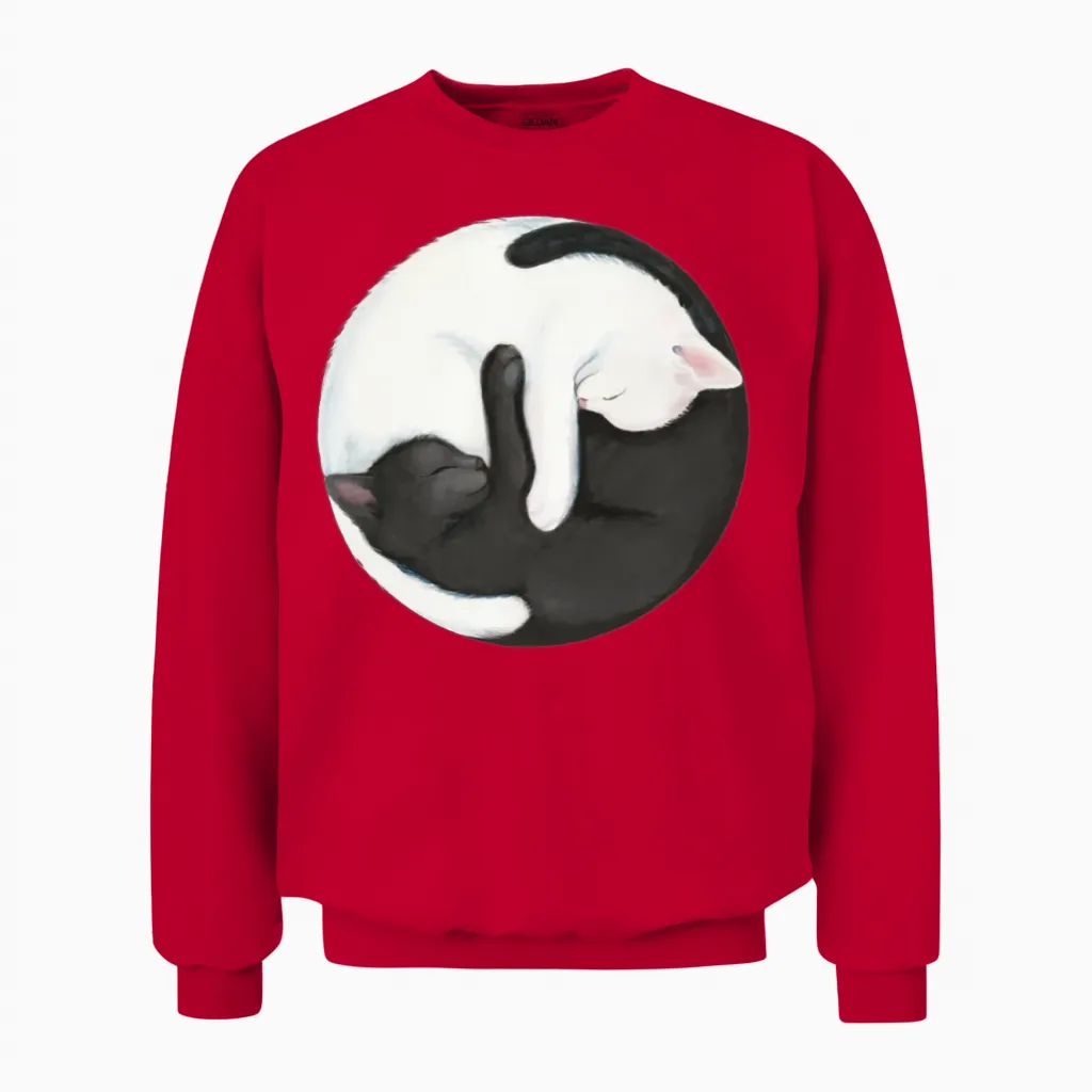 Yin Yang Cats Black and White Zen Kittens Unisex Sweatshirt in Red