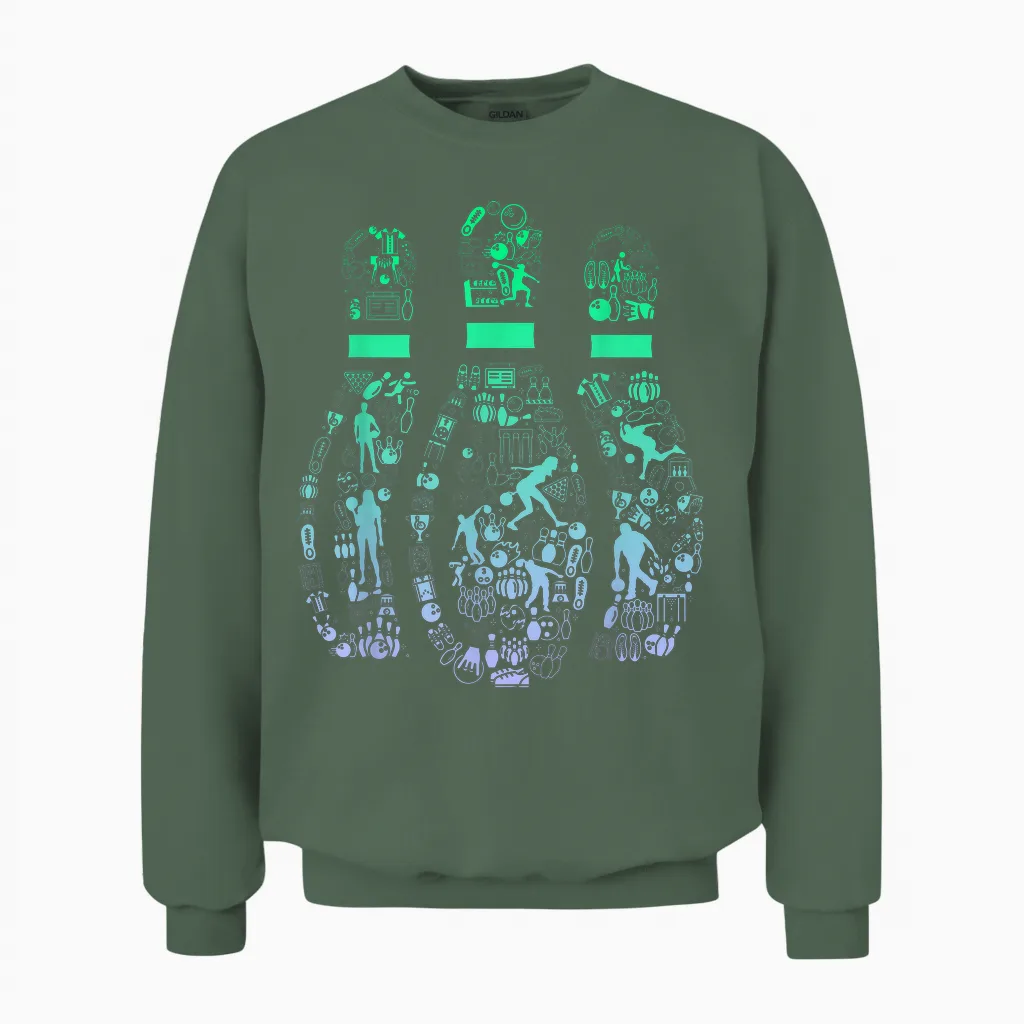 Bowling Pin T-Shirt for Bowler | Bowling Team Girls' Bowling T-Shirt, Black Unisex Sweatshirt in Military Green