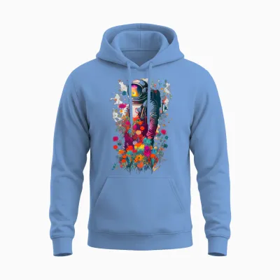 Astronaut Surrounded by Colorful Flowers Unisex Hoodie - Carolina Blue