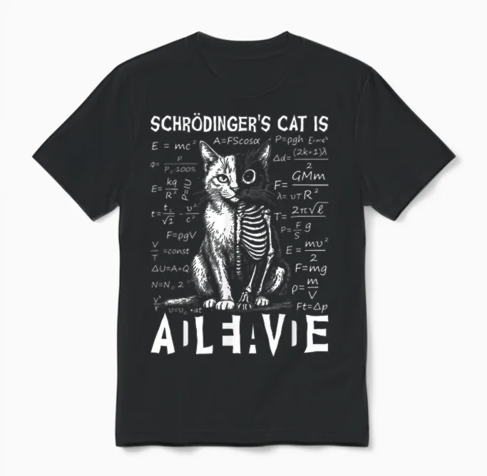 Quantum Physics of the Dead and Living Cat by Schrodinger Unisex T-Shirt in Black