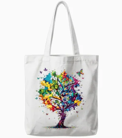 Awareness Autism Puzzle Pieces Colorful Tree Neurodiversity Tote Bags - White