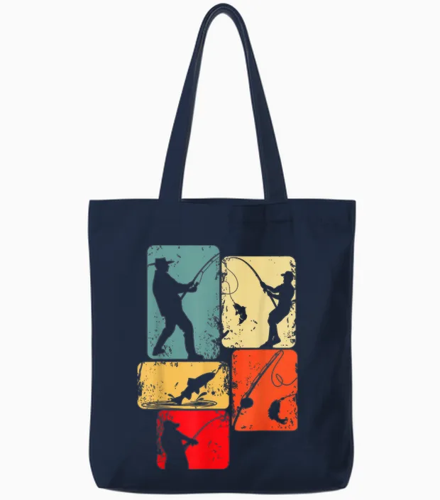 Fishing Fisherman Man Child T-Shirt, Black Tote Bags in Navy