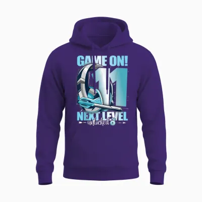 Level Unlocked 11th Birthday 11 Years Boy Girl Gaming T-Shirt, Black Unisex Hoodie - Purple