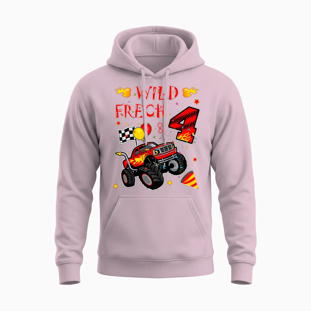 Children's Birthday Monster Truck - Wild Cheeky and Four - Boy 4 T-Shirt, Black Unisex Hoodie in Light Pink