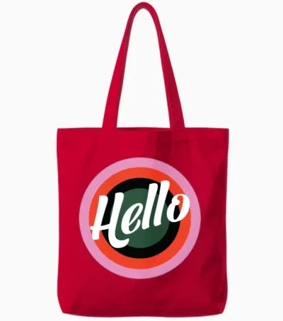 Hello Retro Print on Black Tote Bags - Red