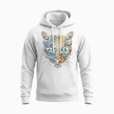 Cat Fantasy Blue Eyes Mandala Animal Art Cat T-Shirt, Black Unisex Hoodie - White