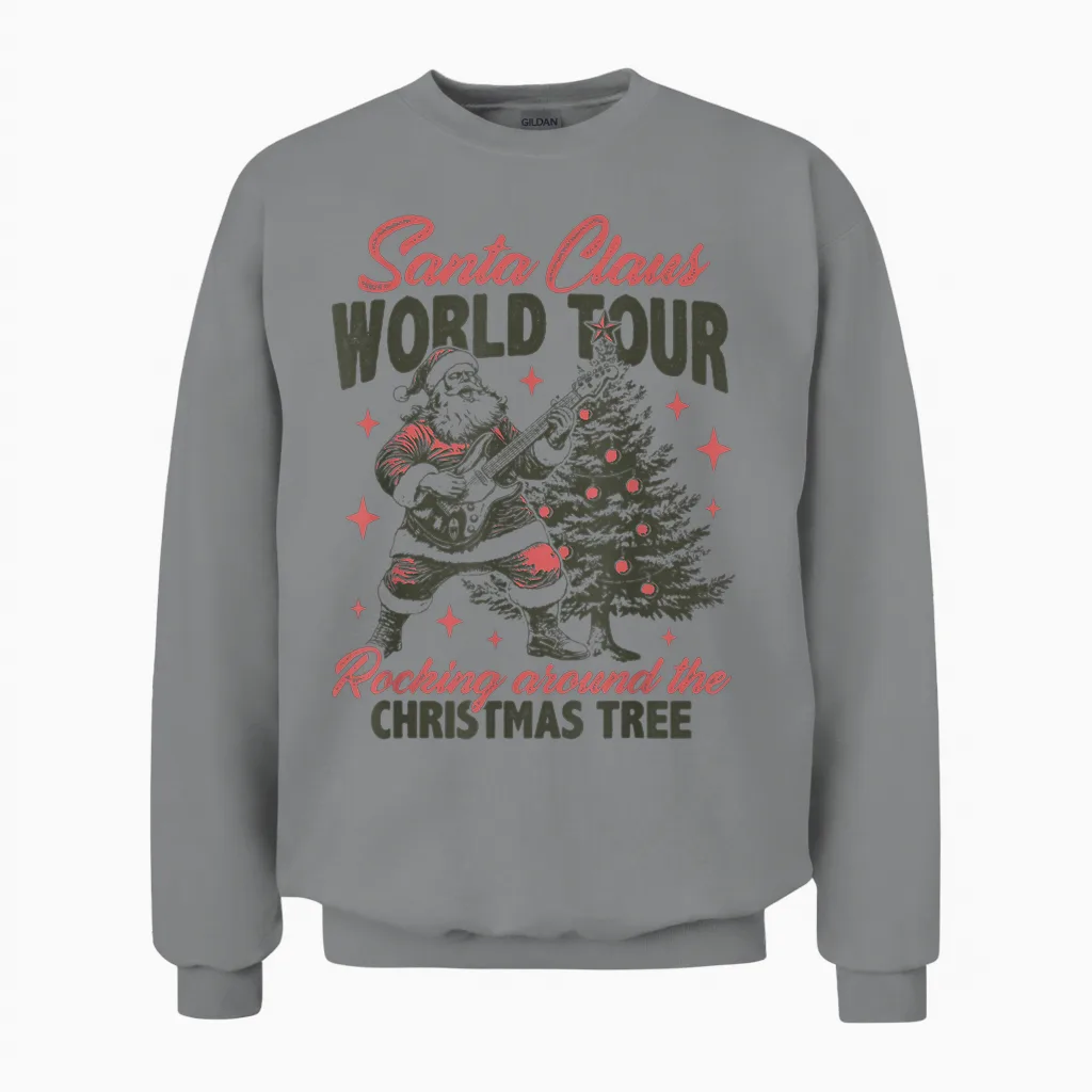Santa Claus World Tour Rocking Around the Christmas Tree Unisex Sweatshirt in Sport Grey