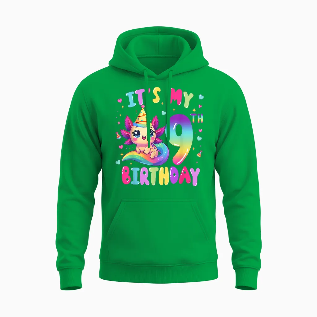 Es Ist Mein 9. Geburtstag, Axolotl Rainbow, 9 Jahre, Mädchen, Kinder Unisex Hoodie in Irish Green