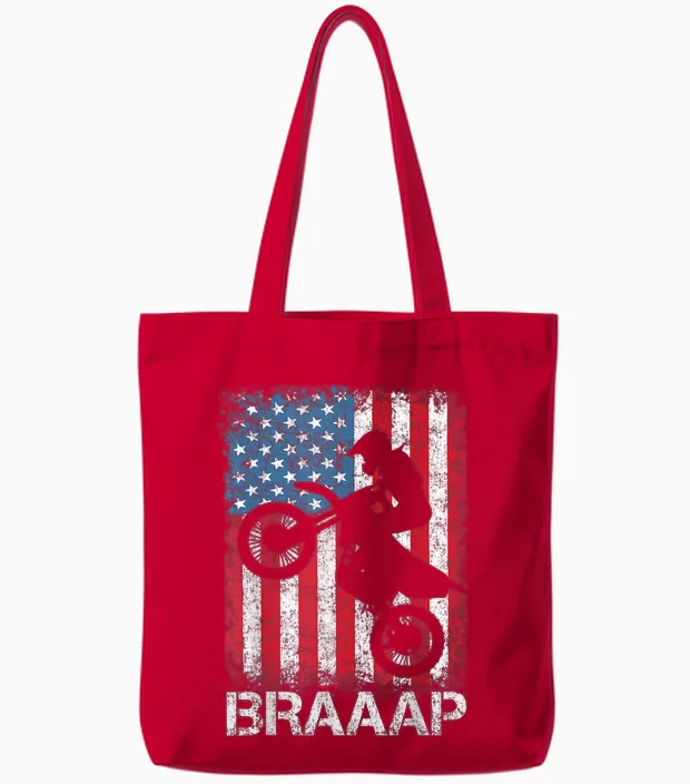Braaap Vintage Usa American Flag Tee Motocross Dirt Bike Tote Bags in Red
