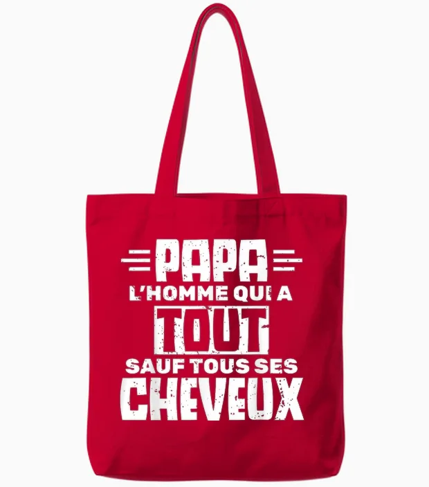 Papa the Man Who Has Everything but All His Hair Baldness Tote Bags in Red