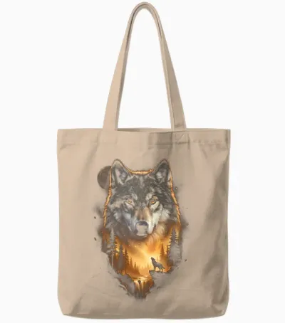 Motif De Loup Hurlant à La Lune Fantasy Art Forest Graphic Manche Longue Tote Bags - Natural
