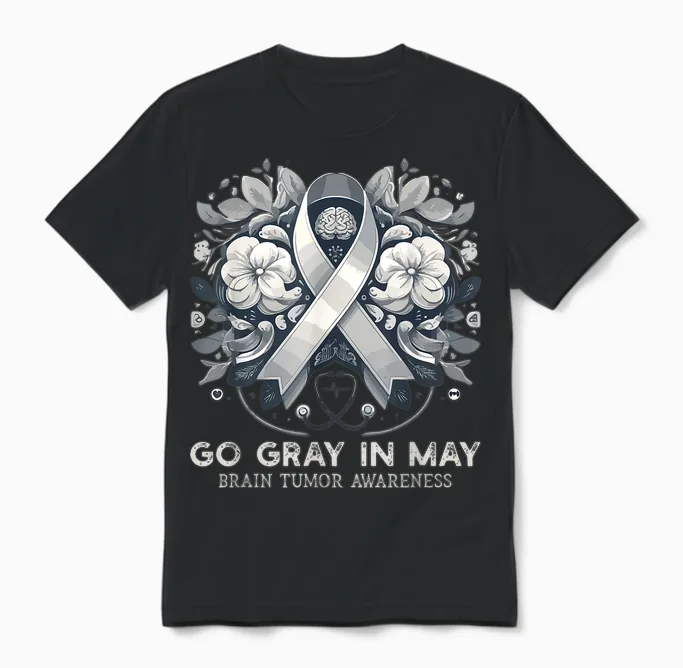 Go Gray in May Brain Cancer & Tumor Awareness Ribbon Grey T-Shirt, Black, S Unisex T-Shirt in Black
