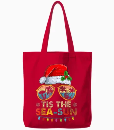Tis the Sea Sun Santa Beach Summer Christmas in July Summer Tote Bags - Red