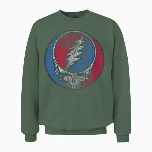 Grateful Dead Distressed Steal Your Face Logo Vintage Band Unisex Sweatshirt - Military Green