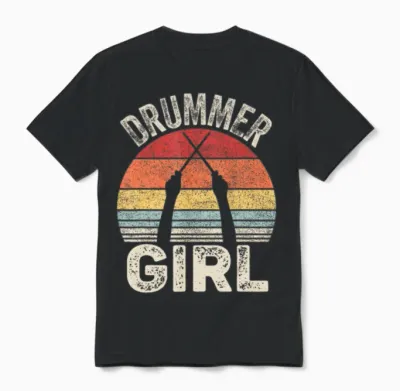 Vintage Retro Drummer Girl Unisex T-Shirt - Black