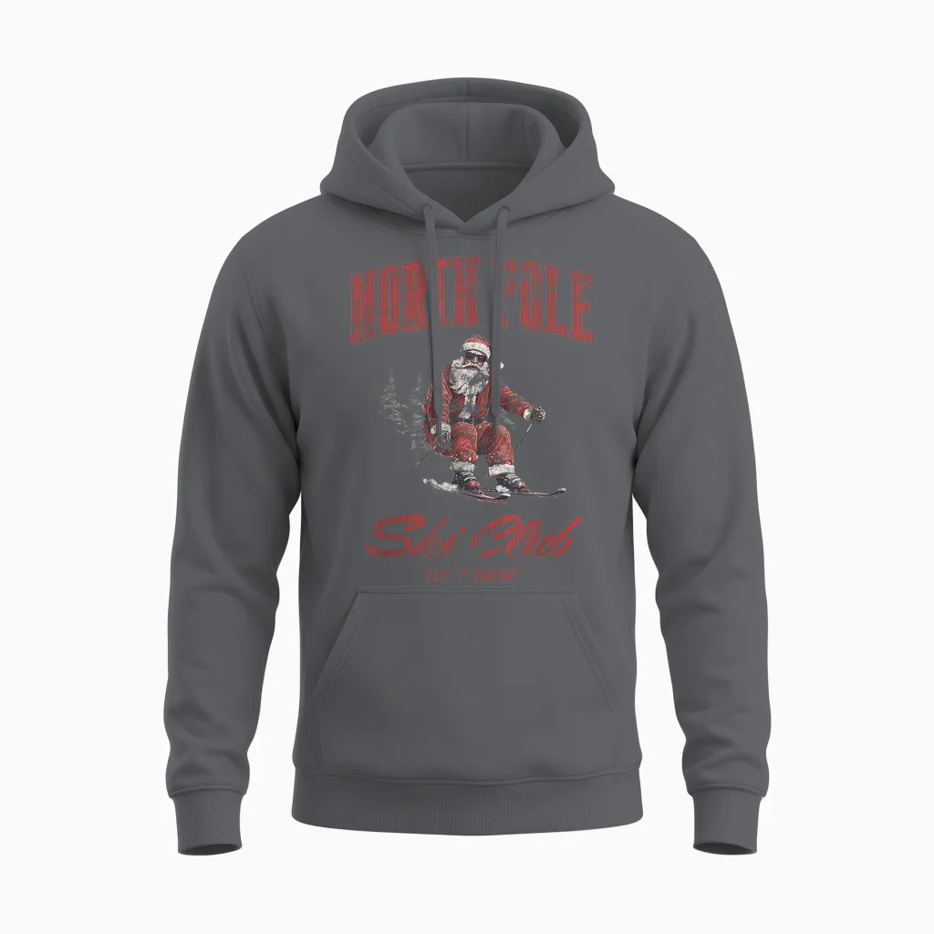 Santa Claus Christmas Snow Skiing at the North Pole Ski Club Unisex Hoodie in Charcoal