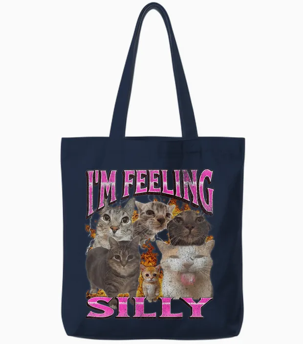 I'm Feeling Silly Funny Cat Meme Bootleg Graphic T-Shirt, Black, S Tote Bags in Navy