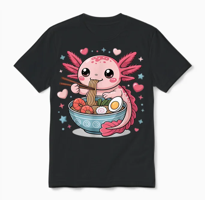 Axolotl Eats Ramen Noodles Super Cute Motif Axolotl Unisex T-Shirt in Black