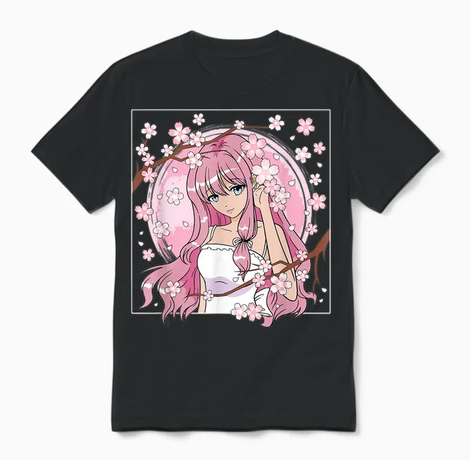 Japanisches Anime Mädchen Otaku Kirschblüte Sakura Damen Unisex T-Shirt in Black