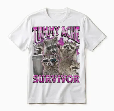 Tummy Ache Survivor Funny Raccoon Meme Bootleg Graphic 90s T-Shirt, Black Unisex T-Shirt - White