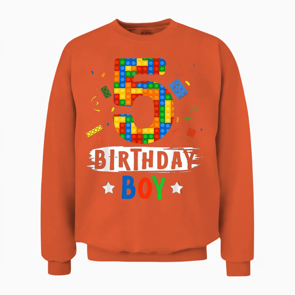 Birthday Boy Building Blocks 5 Years Old T-Shirt, Black Unisex Sweatshirt in Orange