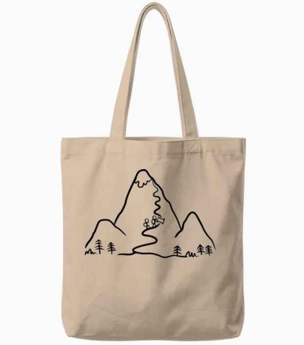Hiking Illustration, Mountains Tote Bags in Natural