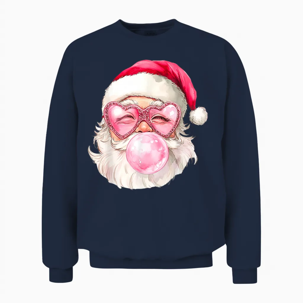 Vintage Retro Santa Christmas Bubble Gum Pink Sunglasses Unisex Sweatshirt in Navy