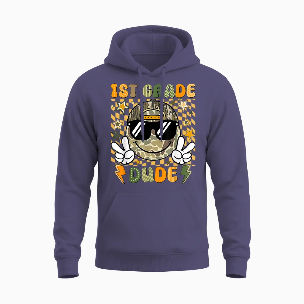 Funny Back to School Tee 1st Grade Dude Boys Girls Unisex Hoodie in Heather Sport Dark Navy