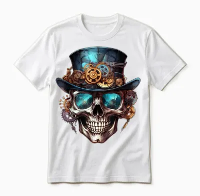 Steampunk Totenkopf Hut Zylinder Mechanik Zahnrad Cyborg Unisex T-Shirt - White