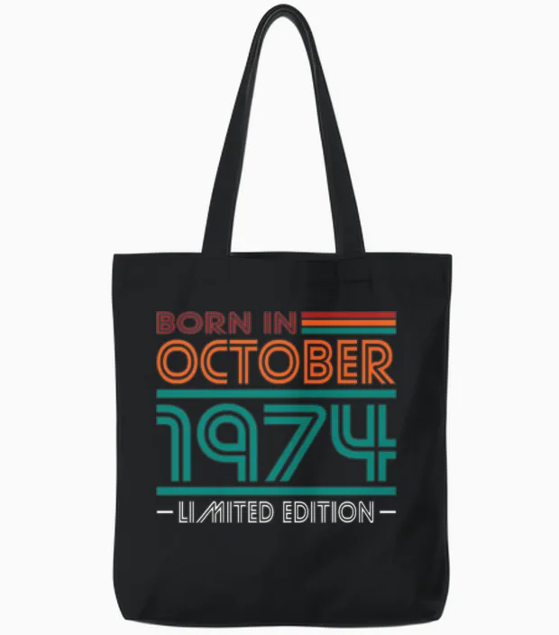 50th Birthday Vintage October 1974 Born in 1974 Tote Bags in Black