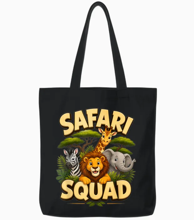 Safari Squad, Cute Crew Drawing with Jungle Animals and Zoo Tote Bags in Black