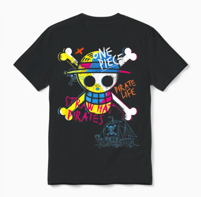 Kids One Piece Jolly Roger Graffiti T-Shirt, Black, 2 Unisex T-Shirt in Black