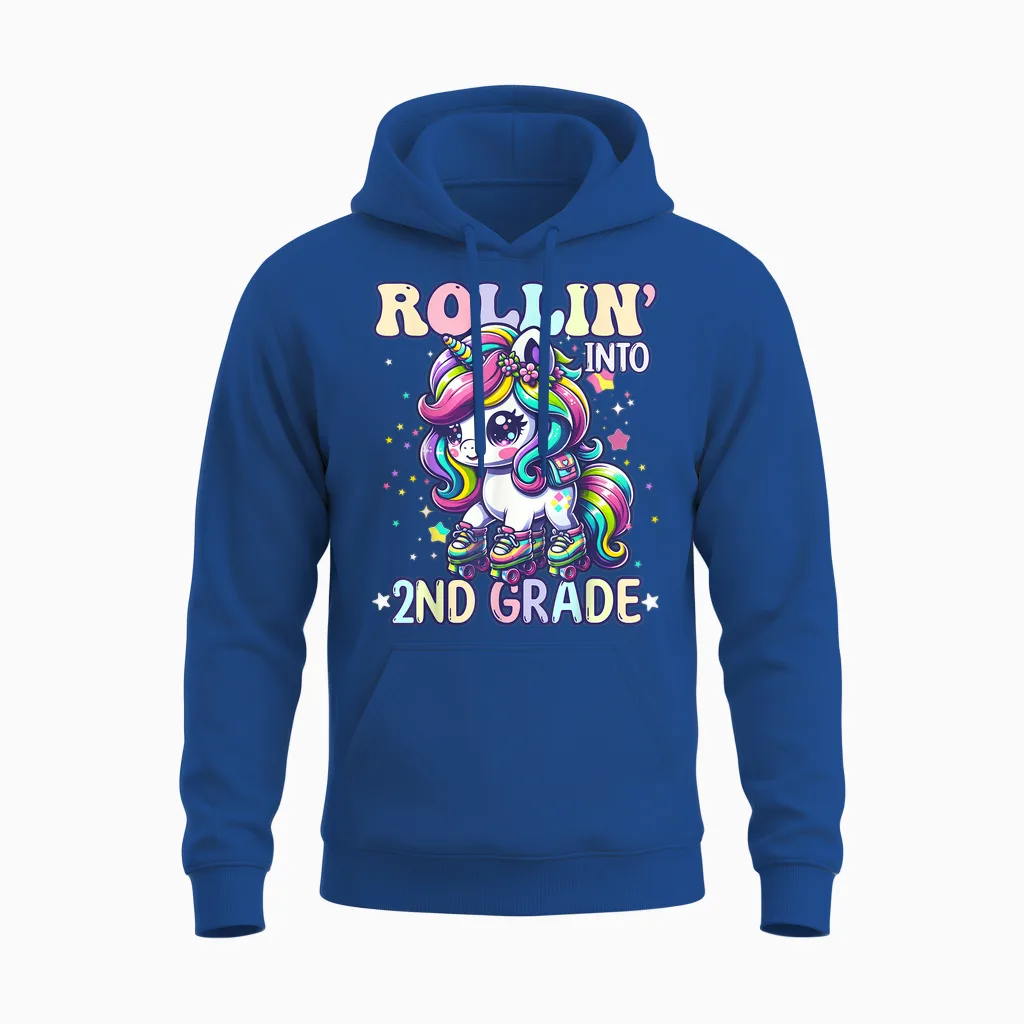 2nd Grade Back to School First Day Girl Rollin Unicorn Unisex Hoodie in Royal