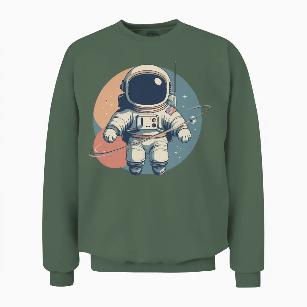 Cosmic Retro Astronaut Unisex Sweatshirt in Military Green