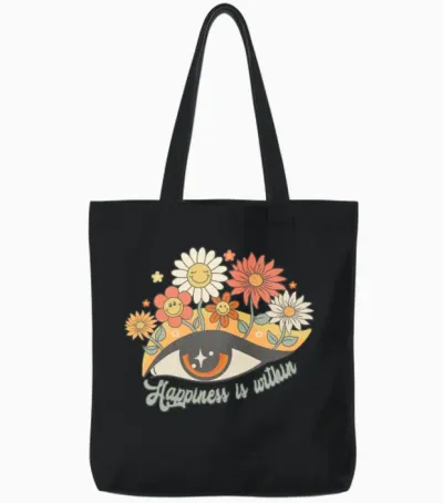 Happiness Is Within, Retro Groovy, Tote Bags - Black