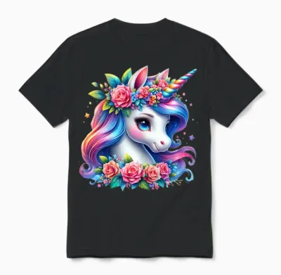 Cute Unicorn with Rainbow Mane Flowers Unicorn Unisex T-Shirt - Black
