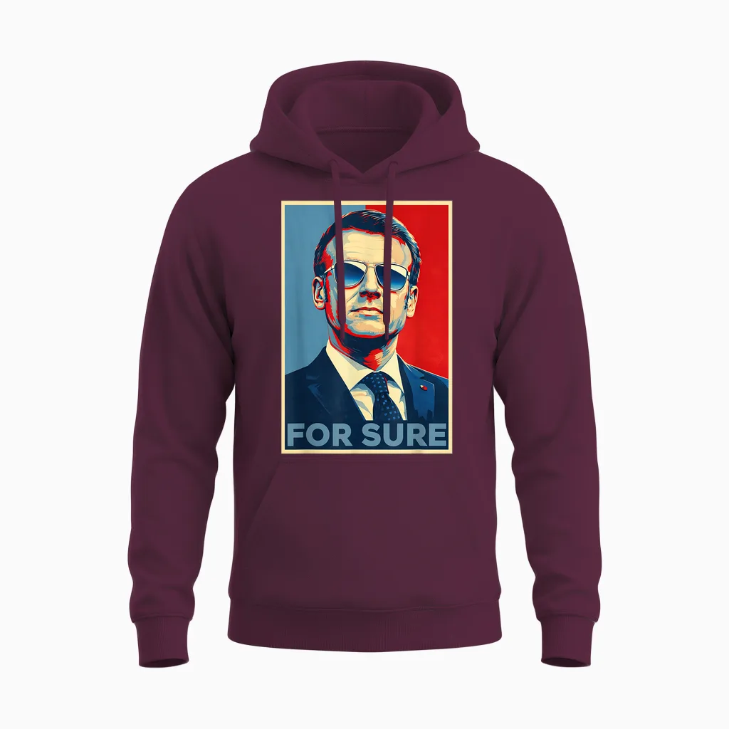 Macron for Sure Aviator Glasses Parody Pop Art Meme Unisex Hoodie in Maroon