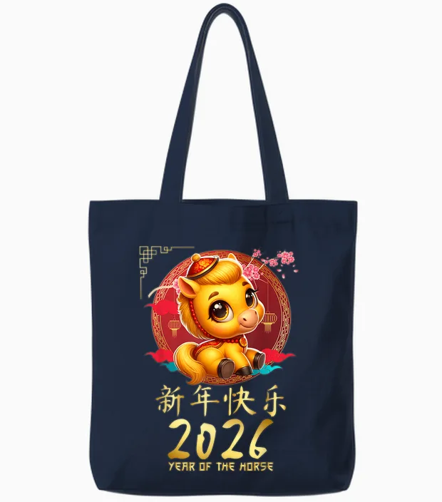 Year of the Horse 2026 Cute Chinese Lunar New Year 2026 Tote Bags in Navy
