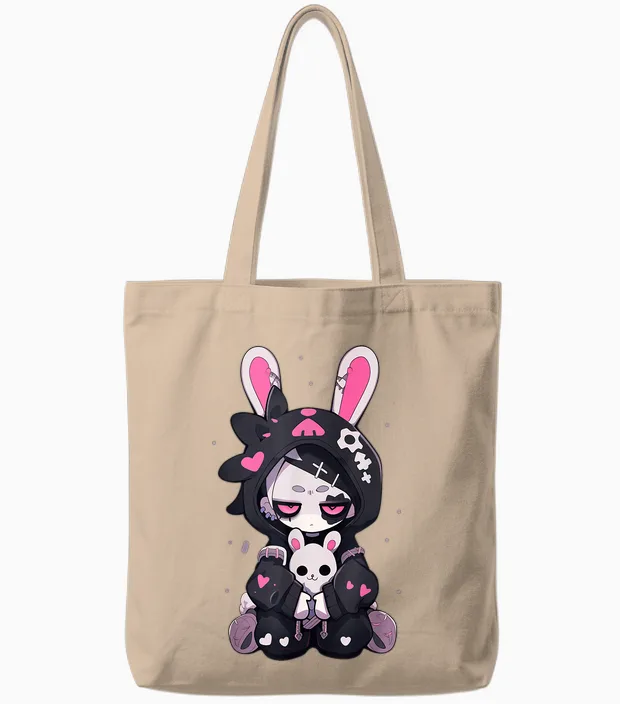 Goth Bunny Anime Girl Cute E-Girl Gothic Outfit Grunge Tote Bags in Natural