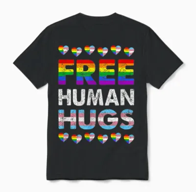 Free Human Hugs Rainbow Lgbtq Gay Pride Month, Fier Allié Unisex T-Shirt - Black
