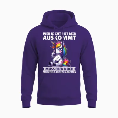 T-Shirt with German Text "wer Nicht Mit Mir Auskommt an Sich Arbeiten Unicorn" Unisex Hoodie - Purple