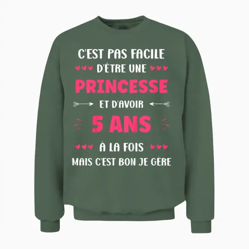 Children's Humour 5 Years Child Princess Birthday Girl 5 Years T-Shirt, Black, 2 Unisex Sweatshirt - Military Green