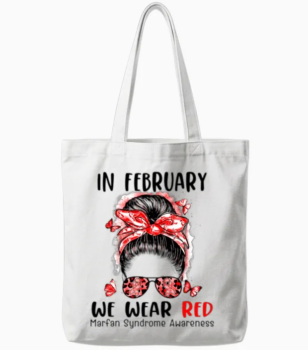 In February We Wear Red Marfan Syndrome Awareness Tote Bags in White