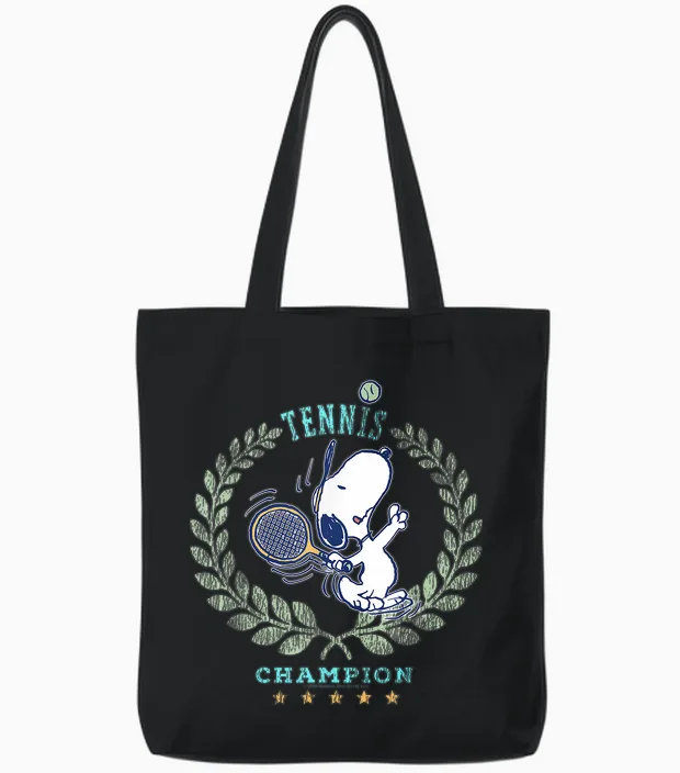 Snoopy Tennis Beagle Champion 86 Tournament Game Retro Tote Bags in Black