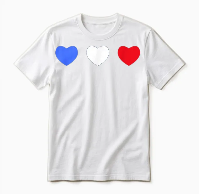 France Cœurs Tricolores Drapeau Bleu Blanc Rouge Unisex T-Shirt in White