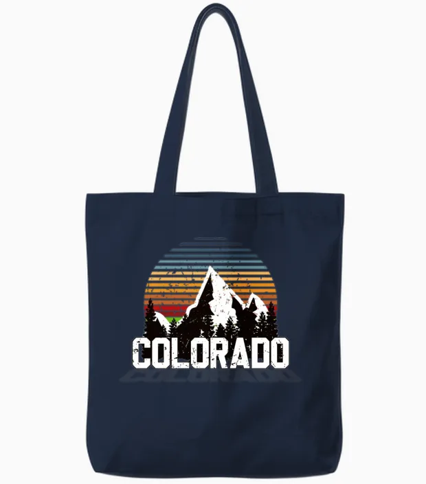 Retro Colorado Mountains Hiking & Outdoors Tote Bags in Navy